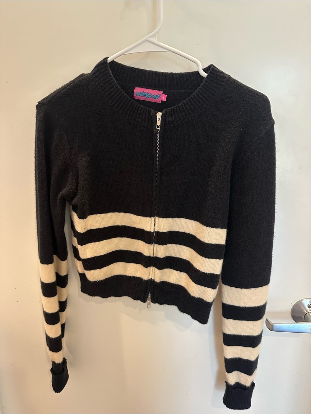 Edikted Black & Cream Striped Zip-Up Crew Sweater